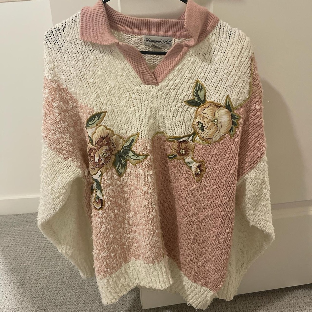 Pink and White Floral Sweater